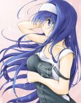  1girl ahoge arm_behind_head black_overalls blue_eyes blue_hair chaesu eyebrows_visible_through_hair floating_hair long_hair orie_(under_night_in-birth) overalls pink_background profile shirt short_sleeves solo under_night_in-birth upper_body white_shirt 