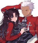  1boy 1girl archer_(fate) black_bow black_hair black_ribbon blue_eyes blush bow brown_eyes closed_mouth commentary_request couple covered_abs dark-skinned_male dark_skin fate/stay_night fate_(series) hair_ribbon hand_in_hair hand_up highres long_hair long_sleeves looking_at_viewer one_eye_closed red_eyes red_shirt ribbon shimatori_(sanyyyy) shirt short_hair silver_hair simple_background sweatdrop tohsaka_rin two_side_up upper_body white_background white_hair 