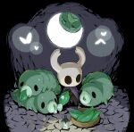 arizuka_(catacombe) bug cloak dark_background glowing grub_(hollow_knight) holding hollow_knight horns knight_(hollow_knight) lamp leaf looking_at_another mask no_humans simple_background sitting standing water_drop 