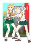  2girls :3 backpack bag bangs black_choker black_eyes blonde_hair blurry blurry_background border bracelet brown_footwear brown_sweater_vest choker closed_eyes collarbone collared_shirt commentary_request e-no-ki eyebrows_visible_through_hair fujimoto_rina full_body green_skirt hands_up idolmaster idolmaster_cinderella_girls jewelry long_hair looking_at_viewer loose_socks multiple_girls one_eye_closed open_mouth orange_hair outside_border pleated_skirt school_bag school_uniform scrunchie senzaki_ema shirt short_hair short_sleeves shoulder_bag shoulder_strap skirt smile standing twintails v_over_mouth very_short_hair white_border white_legwear white_shirt wrist_scrunchie 