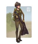  1girl absurdres assault_rifle black_hair brown_hair camouflage camouflage_jacket closed_mouth diving_suit fins full_body gloves green_gloves ground_vehicle gun hat highres holding holding_gun holding_weapon howa_type_89 jacket long_sleeves military military_hat military_uniform military_vehicle motor_vehicle original rifle short_hair simple_background solo tank uniform vest weapon white_background willy_pete 