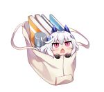  1girl bag bangs black_gloves blush chibi eyebrows_visible_through_hair gloves hair_between_eyes hands_up headgear in_bag in_container indie_virtual_youtuber minigirl official_art open_mouth padko pink_eyes shiodome_oji simple_background solo v-shaped_eyebrows virtual_youtuber white_background white_hair 