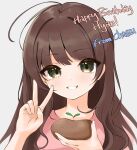  1girl bangs blush borrowed_character brown_eyes chaesu english_text eyebrows_visible_through_hair food grey_background happy_birthday highres holding holding_food hyan_(hyanna-natsu) leaf looking_at_viewer original parted_lips pink_shirt potato shadow shirt simple_background smile solo v 