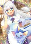  1girl :d apron bangs black-framed_eyewear black_dress blurry blurry_background blush breasts commentary_request crossover depth_of_field dress elysia_rose eyebrows_visible_through_hair fang frilled_apron frills gen_1_pokemon glasses green_eyes grey_hair horns indie_virtual_youtuber kou_hiyoyo long_hair looking_at_viewer medium_breasts open_mouth pointy_ears pokemon pokemon_(creature) puffy_short_sleeves puffy_sleeves short_sleeves smile tail_raised vaporeon very_long_hair violet_eyes virtual_youtuber white_apron 