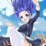  1girl black_dress blue_eyes blue_hair blue_sky blush breasts chaesu clouds cloudy_sky dress floating_hair hairband long_sleeves medium_breasts open_mouth orie_(under_night_in-birth) print_dress signature sky solo thigh-highs under_night_in-birth white_hairband white_legwear 