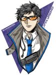  1boy apex_legends black_eyes black_hair blue_neckwear collared_shirt copyright_name crypto_(apex_legends) highres inconspicuous_crypto jacket looking_at_viewer male_focus mozuwaka necktie negative_space shirt solo sunglasses twitter_username upper_body white_shirt 