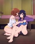  2girls bangs bare_legs barefoot bed bedroom black_hair blue_bra bra breasts brown_eyes brown_hair camisole closet crossed_ankles curly_hair feet hibike!_euphonium highres kneeling kousaka_reina long_hair medium_breasts multiple_girls no_pants on_floor open_mouth oumae_kumiko panties purple_sweater sbel02 seiza short_hair short_shorts shorts sitting small_breasts spaghetti_strap sweater thighs undershirt underwear undressing undressing_another violet_eyes white_camisole yellow_panties 