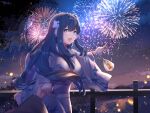  1girl 1other :d arknights astesia_(arknights) bangs blue_eyes blue_hair breasts chinese_commentary commentary_request eyebrows_visible_through_hair fireworks holding holding_hands index_finger_raised japanese_clothes kimono large_breasts lingshalan long_sleeves looking_at_viewer night open_mouth out_of_frame outdoors pointing pov purple_hair purple_kimono railing redhead simple_background smile solo_focus upper_body wide_sleeves 