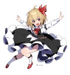  1girl :d ascot bangs belt black_skirt black_vest blonde_hair collared_shirt eyebrows_visible_through_hair fang full_body hat hat_ribbon highres kuroshirase leg_strap long_sleeves looking_at_viewer open_mouth outstretched_arms red_eyes red_footwear red_neckwear red_ribbon ribbon rumia shirt short_hair simple_background skin_fang skirt smile solo touhou twitter_username v-shaped_eyebrows vest white_background white_legwear white_shirt 