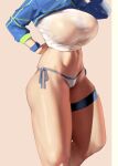  1girl artoria_pendragon_(all) bikini blue_jacket breasts cropped_jacket eu03 fate/grand_order fate_(series) head_out_of_frame jacket large_breasts long_hair long_sleeves mysterious_heroine_xx_(fate) navel shrug_(clothing) solo swimsuit thighs white_bikini wristband 