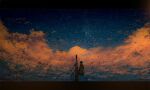  1girl backpack bag black_cat cat chocoshi clouds cloudy_sky commentary_request dusk from_behind letterboxed night night_sky orange_clouds original outdoors photoshop_(medium) scenery sitting sky sky_focus solo star_(sky) starry_sky sunset utility_pole water_drop wide_shot 