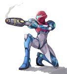  1girl arm_cannon armor glowing gun helmet highres metroid metroid_dread power_armor saiykik samus_aran science_fiction sidelocks simple_background solo upper_body varia_suit visor weapon white_background 