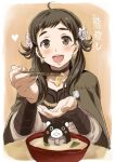  1boy 1girl ahoge animal_costume bangs bear_costume benny_(fire_emblem) brown_eyes brown_hair chopsticks fire_emblem fire_emblem_fates fire_emblem_heroes flower food freckles hair_flower hair_ornament looking_at_viewer mozu_(fire_emblem) open_mouth shaa soup 