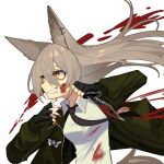  1girl absurdres animal_ears bangs black_gloves black_neckwear blood blood_on_face blood_on_fingers bloody_clothes bomber_jacket breasts ear_piercing fenrir_(ghost_(tama)) fingerless_gloves ghost_(tama) gloves green_jacket hair_between_eyes highres holding holding_knife jacket knife long_hair medium_breasts necktie open_hand original piercing sharp_teeth smirk solo tail teeth wolf_ears wolf_girl wolf_tail yellow_eyes 