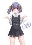  1girl character_name commentary_request cowboy_shot dress grey_hair highres kantai_collection long_sleeves looking_at_viewer ooshio_(kancolle) pinafore_dress remodel_(kantai_collection) shirt short_hair short_twintails simple_background smile solo standing t2r twintails violet_eyes white_background white_shirt 