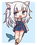  1girl :d animal_ears bag bangs blue_background blue_dress blue_eyes blue_hair blush brown_footwear cat_ears chibi commentary_request dress eyebrows_visible_through_hair fish_tail full_body gawr_gura grey_hair hair_cubes hair_ornament hana_kazari highres hololive hololive_english long_hair looking_at_viewer multicolored_hair open_mouth sandals shark_tail sharp_teeth shirt shoe_soles shoulder_bag side_ponytail sleeveless sleeveless_dress smile solo streaked_hair tail teeth two-tone_background very_long_hair virtual_youtuber white_background white_shirt 