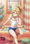  1girl bangs bathtub blonde_hair braid breasts brushing_teeth dolphin_shorts fate/apocrypha fate_(series) french_braid glasses green_eyes hair_ornament hair_scrunchie highres long_hair looking_at_viewer mordred_(fate) mordred_(fate)_(all) parted_bangs ponytail scrunchie shorts sidelocks sitting small_breasts solo tonee toothbrush_in_mouth 