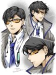  1boy apex_legends black_eyes blue_neckwear collared_shirt crypto_(apex_legends) from_side frown grey_jacket hair_behind_ear highres id_card inconspicuous_crypto jacket looking_to_the_side male_focus mozuwaka multiple_views necktie parted_lips shirt sunglasses upper_body white_shirt 