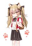  1girl animal_ear_fluff animal_ears backpack bag bangs black_bow black_hair black_skirt blush bow brown_eyes brown_hair collared_shirt crime_prevention_buzzer dress_shirt eyebrows_visible_through_hair hair_between_eyes hair_bow hair_ornament highres indie_virtual_youtuber leopard_ears long_hair looking_at_viewer multicolored_hair no.fifteen parted_lips pleated_skirt randoseru shiodome_oji shirt simple_background skirt solo streaked_hair twintails very_long_hair virtual_youtuber white_background white_shirt x_hair_ornament younger 