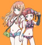  2girls :d asukagawa_chise bag bikini black_gloves black_hair breasts brown_hair cellphone elbow_gloves eyewear_removed fingerless_gloves flat_chest gloves gradient_hair green_eyes gridman_universe handbag heart heart-shaped_eyewear holding_own_arm long_hair looking_at_viewer minami_yume multicolored_hair multiple_girls navel open_mouth orange_background pale_skin phone polka_dot polka_dot_bikini redhead short_shorts shorts small_breasts smile ssss.dynazenon standing suika_(suika-dokei) sunglasses swimsuit unbuttoned_shorts wristband 