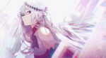  1girl arknights ascot black_neckwear chromatic_aberration commentary detached_sleeves dress grey_hair headgear highres leria_v long_hair looking_at_viewer red_dress red_eyes sideways_glance skadi_(arknights) skadi_the_corrupting_heart_(arknights) solo upper_body white_background 