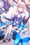  1girl :o bad_anatomy bangs bare_shoulders black_gloves blue_butterfly blurry blurry_foreground bronya_zaychik bronya_zaychik_(herrscher_of_reason) bug butterfly dress drill_hair earrings elbow_gloves full_body gloves glowing grey_eyes grey_hair hair_between_eyes hair_ornament highres honkai_(series) honkai_impact_3rd insect jewelry long_hair looking_at_viewer navel open_mouth project_bunny sleeveless solo thigh-highs twin_drills white_footwear white_legwear xiguaa_mocha 