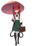  1girl alternate_costume animal_ears bag bangs black_bow black_choker black_legwear black_neckwear bobby36446329 bow bowtie breasts cat_ears cat_tail choker collarbone extra_ears eyebrows_behind_hair fang fang_out full_body green_skirt hair_between_eyes hair_bow highres holding holding_bag holding_umbrella kaenbyou_rin large_breasts light_blush long_sleeves looking_up multiple_tails nekomata over-kneehighs pointy_ears puffy_sleeves shirt simple_background skirt slit_pupils smile solo tail thigh-highs touhou two_tails umbrella white_background white_shirt 