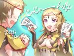  1boy 1girl bangs blonde_hair bodystocking breasts circlet father_and_daughter fire_emblem fire_emblem_fates grey_eyes holding holding_paper long_hair medium_breasts odin_(fire_emblem) open_mouth ophelia_(fire_emblem) paper turtleneck upper_body yoshio1107lin 