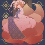  1girl bangs blonde_hair busujima_(kusahana) commentary_request dress fox_tail full_body hands_in_opposite_sleeves hat long_sleeves looking_at_viewer multiple_tails one-hour_drawing_challenge patterned_background pillow_hat short_hair solo tabard tail tassel touhou white_dress white_headwear wide_sleeves yakumo_ran yellow_eyes 