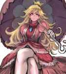  1girl 6maker blonde_hair blue_eyes crossed_legs crown dress elbow_gloves gloves highres long_hair looking_at_viewer pink_dress princess_peach simple_background sitting solo super_smash_bros. thigh-highs thighs white_gloves 