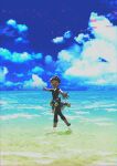 1boy bangs barefoot black_pants black_shirt blue_jacket closed_eyes clothes_around_waist clouds dark-skinned_male dark_skin day fur-trimmed_jacket fur_trim glitch highres hop_(pokemon) jacket jacket_around_waist komame_(st_beans) male_focus open_mouth outdoors outstretched_arms pants pokemon pokemon_(game) pokemon_swsh shirt short_hair sky smile solo standing wading water |d 