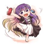  1girl :d bangs barefoot black_dress controller dress eyebrows_visible_through_hair full_body game_controller gradient_hair hijiri_byakuren holding holding_controller holding_game_controller layered_dress long_hair multicolored_hair nintendo_switch open_mouth purple_hair rokugou_daisuke short_sleeves smile solo standing standing_on_one_leg touhou turtleneck_dress violet_eyes white_background white_dress 