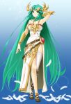  1girl absurdly_long_hair arm_up armpits bare_shoulders belt black_footwear blue_background blush breasts chaesu dress feathers gradient gradient_background green_eyes green_hair highres kid_icarus kid_icarus_uprising large_breasts long_hair looking_at_viewer palutena side_slit single_thighhigh solo strapless strapless_dress thigh-highs very_long_hair white_dress white_feathers white_legwear 