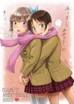  2021 2girls :d blush brown_hair fingernails green_eyes happy_new_year heart highres hug hug_from_behind jacket long_sleeves looking_at_viewer malcorond miniskirt multiple_girls new_year open_mouth original pink_scarf pleated_skirt red_skirt scarf school_uniform shared_scarf short_hair signature skindentation skirt smile thigh-highs translated violet_eyes white_legwear wide-eyed yellow_jacket yuri 