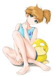  1girl bare_legs barefoot blue_shorts blue_tank_top brown_hair chaesu eyebrows_visible_through_hair gen_1_pokemon green_eyes hand_up highres knees_up looking_at_viewer misty_(pokemon) pokemon pokemon_(anime) pokemon_(classic_anime) pokemon_(creature) psyduck shorts side_ponytail simple_background solo tank_top white_background 
