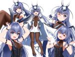  1girl :3 :d ;3 =_= animal_ears arm_behind_back arm_strap armpits arms_up azur_lane baiyin_(sif123456) bangs bare_shoulders black_footwear black_legwear black_leotard blue_eyes blue_hair blush bodystocking breasts child chinese_commentary closed_eyes closed_mouth coat coat_on_shoulders collarbone commentary_request covered_collarbone covered_navel cowboy_shot dress elbow_gloves eyebrows_visible_through_hair fake_animal_ears fang flats floating_hair full_body gloves hair_between_eyes hair_intakes hand_up head_tilt headgear highres leotard long_hair looking_at_viewer mixed-language_commentary multiple_views new_jersey_(azur_lane) new_jersey_(exhilarating_steps!)_(azur_lane) official_alternate_costume one_eye_closed open_mouth outstretched_arms playboy_bunny rabbit_ears side_cutout sidelocks simple_background skin_fang small_breasts smile spread_arms standing uma_pyoi_densetsu umamusume upper_body v very_long_hair white_background white_coat white_dress white_gloves wristband younger 