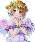  1girl brown_hair closed_mouth eyebrows_visible_through_hair fingernails flower flower_bracelet green_nails hair_between_eyes hair_flower hair_ornament head_wreath highres koizumi_hanayo light_smile looking_at_viewer love_live! love_live!_school_idol_project nail_polish nakano_maru short_hair simple_background smile solo twitter_username two_side_up upper_body violet_eyes white_background wings 