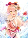  1girl :d angel_wings bikini blonde_hair bow bracelet breasts cup day drinking_glass flower frilled_bikini frilled_bracelet frills gengetsu_(touhou) hair_bow hair_flower hair_ornament holding holding_cup jewelry looking_at_viewer ocean open_mouth red_bow ribbon sea_scorpion_(umisasori) short_hair smile solo summer swimsuit touhou touhou_(pc-98) wings yellow_eyes 