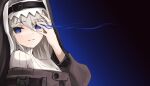  1girl arknights bangs black_background blue_eyes chaesu eyebrows_visible_through_hair gradient gradient_background habit hair_between_eyes hand_up highres looking_at_viewer nun parted_lips shadow smile solo specter_(arknights) sweater white_sweater 