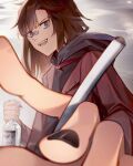  1girl absurdres alcohol arknights bandaid bandaid_on_nose blue_eyes brown_hair cigarette glass_bottle highres holding holding_cigarette hood hoodie jacket looking_at_viewer pointing pointing_at_viewer russian_commentary russian_text solo ursus_empire_logo vodka zima_(arknights) zwa 