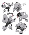  claws commentary_request fur gen_8_pokemon grey_fur multiple_views obstagoon ohhhhhhtsu open_mouth pokemon pokemon_(creature) saliva sharp_teeth simple_background sketch standing teeth tongue tongue_out twitter_username water_drop white_background 