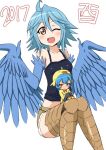  2017 2girls ahoge animal_hat bangs black_tank_top blue_hair blue_wings blush brown_eyes closed_mouth etotama harpy hat junes monster_girl monster_musume_no_iru_nichijou multiple_girls on_lap one_eye_closed open_mouth papi_(monster_musume) piyo-tan short_hair short_shorts shorts simple_background sitting tank_top white_background winged_arms wings 