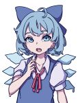  1girl absurdres ahoge bangs blue_bow blue_dress blue_eyes blue_hair bow cirno collared_shirt dress hair_bow highres kame_(kamepan44231) looking_at_viewer melting neck_ribbon one-hour_drawing_challenge open_mouth pinafore_dress red_neckwear red_ribbon ribbon shirt short_hair short_sleeves simple_background solo touhou upper_body white_background white_shirt 