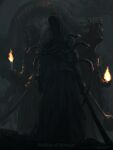  3others animal black_cloak bloodborne candle cloak commentary copyright_name dark facing_viewer fire flame giant_snake highres holding holding_candle holding_sword holding_weapon monster multiple_others outdoors oversized_animal scenery shadow_of_yharnam snake sword torch tripdancer weapon 