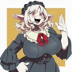  1girl absurdres animal_ears blush breasts character_request copyright_request furry furry_female goat_ears goat_girl highres horizontal_pupils kageimo large_breasts long_sleeves looking_at_viewer medium_hair messy_hair open_mouth red_eyes smile solo teeth twitter_username upper_body white_hair 