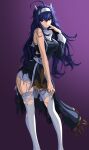  1girl blue_eyes blue_hair chaesu feet_out_of_frame gradient gradient_background hand_up highres horns long_hair looking_at_viewer orie_(under_night_in-birth) purple_background solo thigh-highs torn_clothes torn_legwear under_night_in-birth very_long_hair white_horns white_legwear 