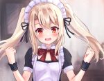  1girl :d alternate_costume bangs black_ribbon blonde_hair blurry blurry_background blush bow bowtie breasts clenched_hands commentary_request enmaided eyebrows_visible_through_hair fate/kaleid_liner_prisma_illya fate_(series) hair_ribbon highres illyasviel_von_einzbern long_hair looking_at_viewer maid maid_headdress open_mouth pan_korokorosuke puffy_short_sleeves puffy_sleeves red_bow ribbon short_sleeves small_breasts smile solo twintails upper_body wrist_cuffs 