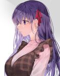  1girl bangs blue_eyes breasts brown_dress commentary_request dress earrings eyebrows_visible_through_hair fate/stay_night fate_(series) grey_background hair_ribbon highres jewelry long_hair matou_sakura plaid plaid_dress profile purple_hair red_ribbon ribbon shimatori_(sanyyyy) shiny shiny_hair simple_background solo sweater violet_eyes 