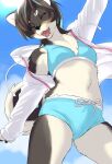  1girl :d ^_^ animal_ears animal_nose arm_up bikini blue_bikini blue_sky body_fur breasts brown_hair closed_eyes clouds commentary_request day dog_ears dog_girl dog_tail fangs furry highres jacket kikurage_(crayon_arts) open_clothes open_jacket open_mouth original short_hair sky small_breasts smile snout solo swimsuit tail teeth thighs white_jacket 