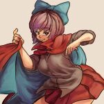  1girl aqua_bow arms_up bow brown_eyes brown_shirt cape chanta_(ayatakaoisii) cowboy_shot eyebrows_visible_through_hair hair_bow long_sleeves looking_at_viewer pleated_skirt red_cape red_skirt sekibanki shirt simple_background skirt smile solo tan_background touhou 